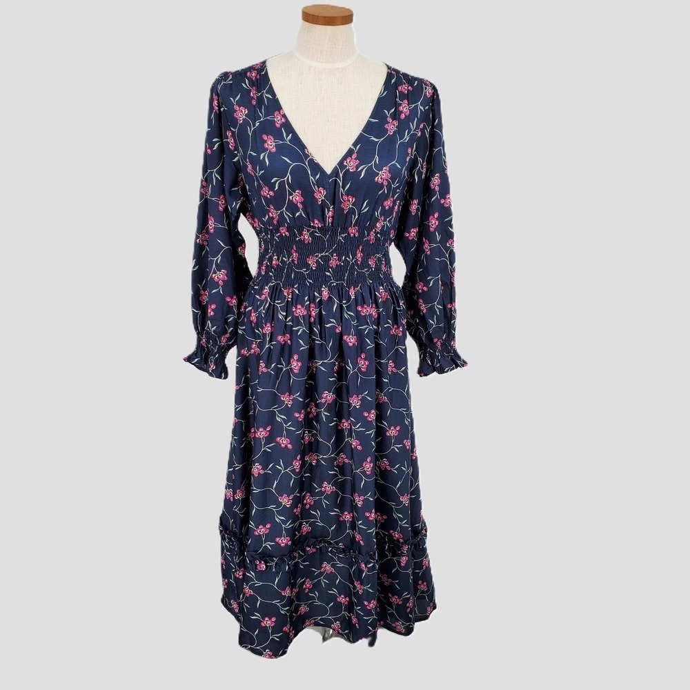 Outerknown S Oceana Floral Smocked Waist Midi Dress Navy Blue Pink Long Sleeve - Picture 1 of 10